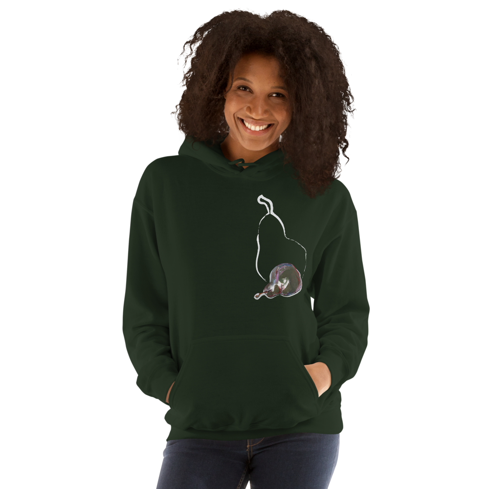 Person wearing a dark green hoodie with a white graphic design on a white background