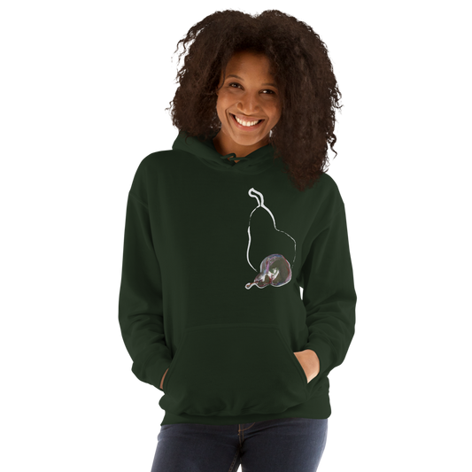 Person wearing a dark green hoodie with a white graphic design on a white background
